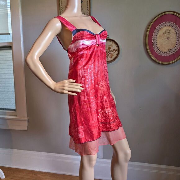 Vintage Launch by Susan Young Halston Print Mini Dress Silk Bow Pink Coquette L - Picture 4 of 16